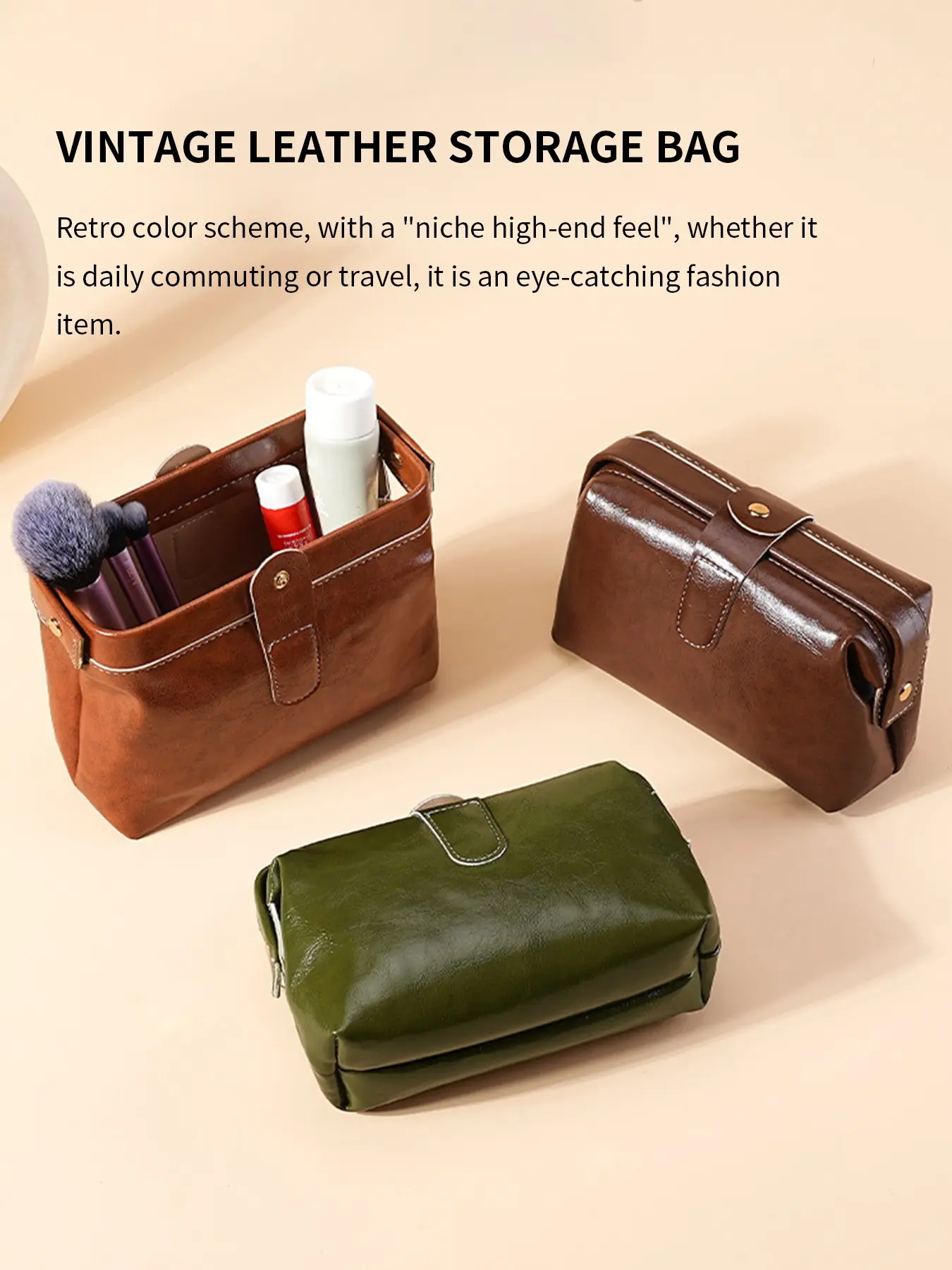 Women's Vintage Soft Leather Lock Handbag, Cosmetics Organizer, Travel Cosmetic Bag, Vintage Vanity Bag, All Seasons Solid Pattern, Elegant and Practical Accessory, Cosmetic Travel Bags, Makeup Bags