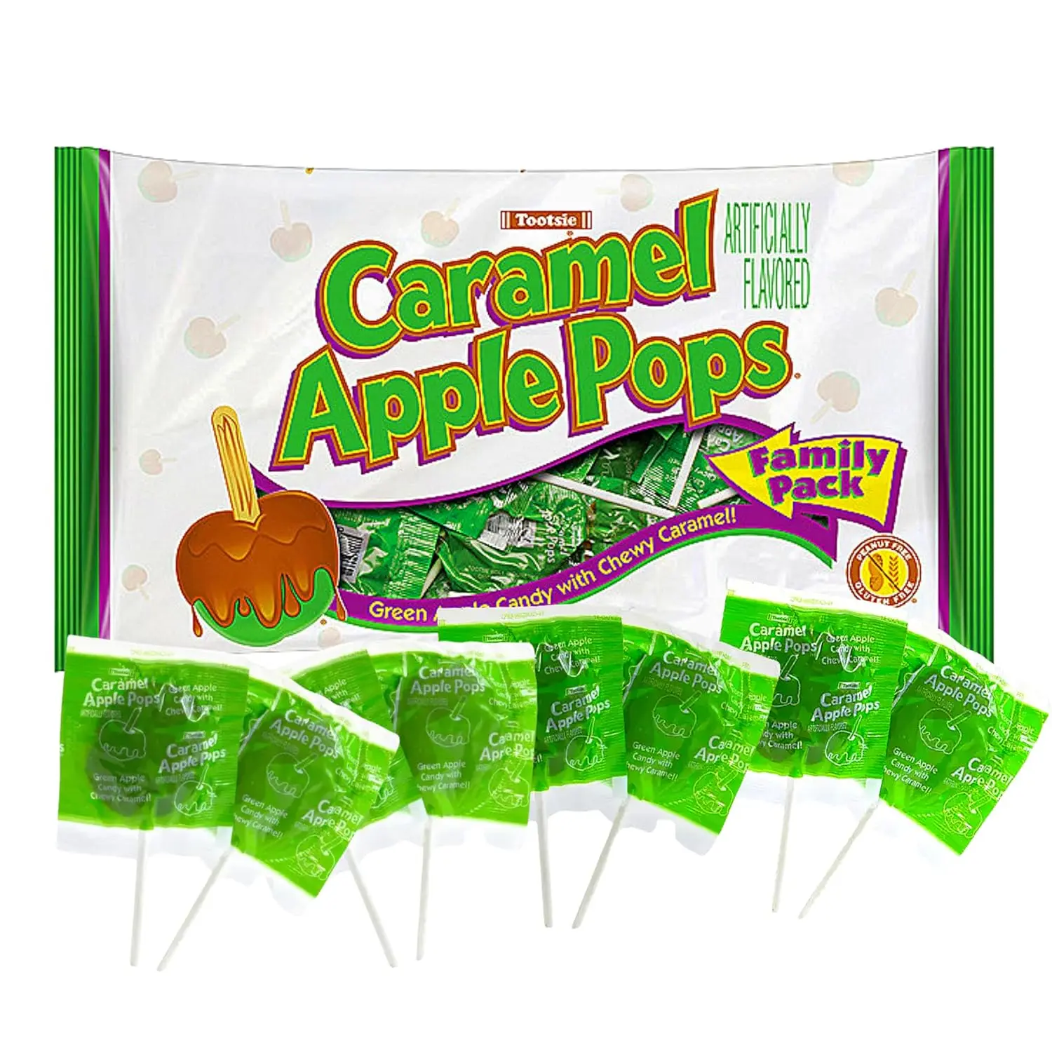Tootsie Caramel Apple Pops – 20 Count Bag, 12.7oz | Green Apple Lollipops Coated in Caramel, Peanut Free | Fall Candy, Halloween Treats, Party Favors Snack Sweet