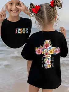 Girls Christian Front & Back Graphic T-Shirt - 'Jesus' Floral Cross Short Sleeve Tee