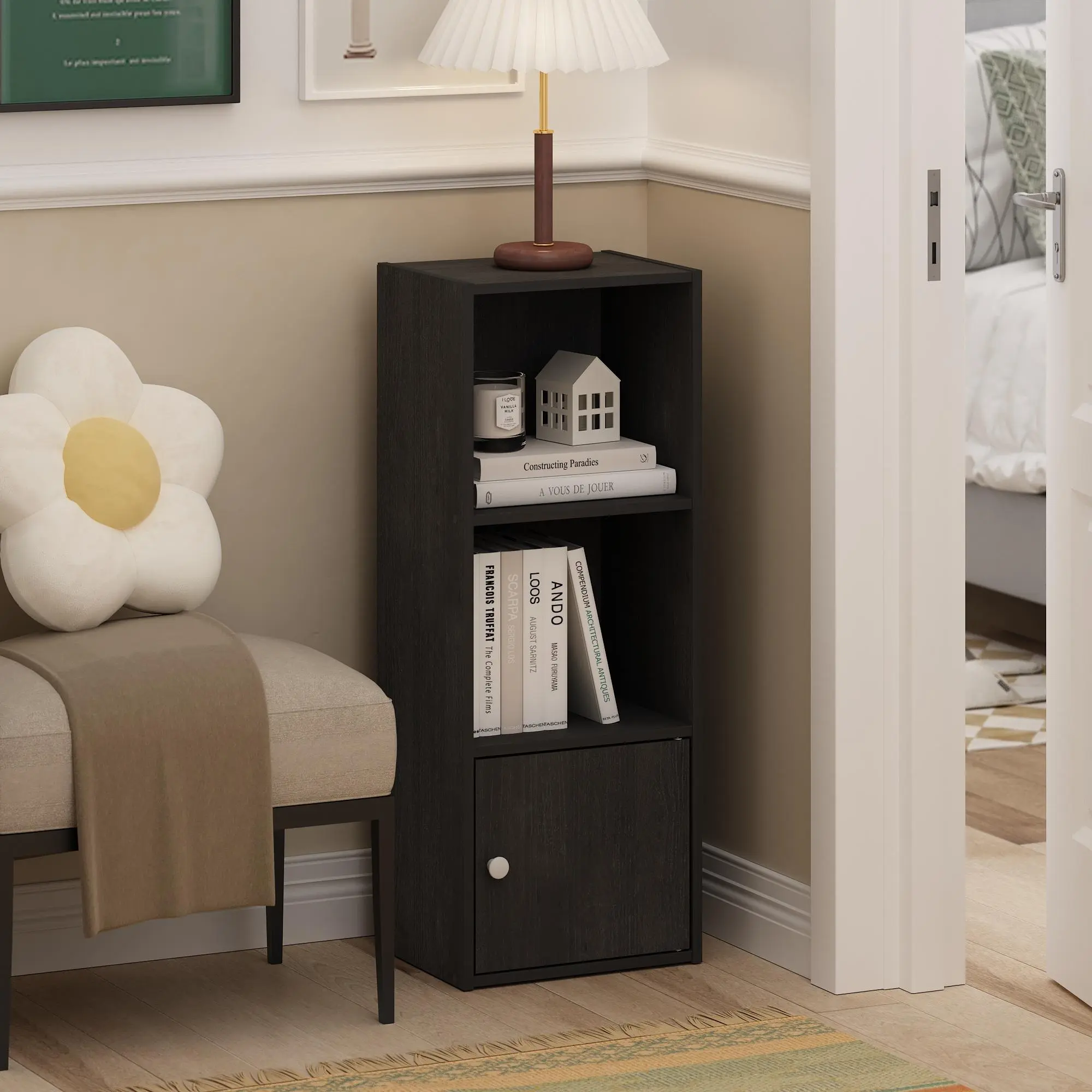 LUDER Carb Grade Composite Wood Freestanding Compact 3-Tier Bookshelf with Doors - 1-Door Storage Cabinet, 9.3x12x31.5 in Space-Saving Vertical Shelf Living Room Home Office Furniture