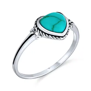 Romantic Natural Blue Turquoise Bezel Set Promise Heart Ring .925 Sterling Silver