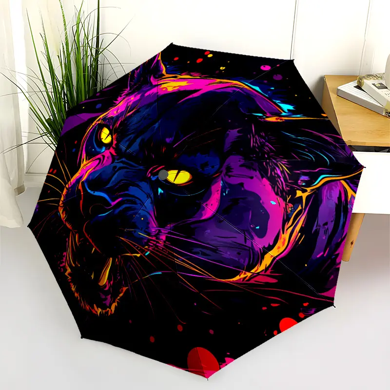 1 PC Automatic Folding Umbrella - Neon Panther Artwork Pattern, Portable & Foldable Design with 8 Ribs, Merry Christmas Pattern,Casual Outdoor Accessory Halloween and Christmas Birthday Gifts. B0084