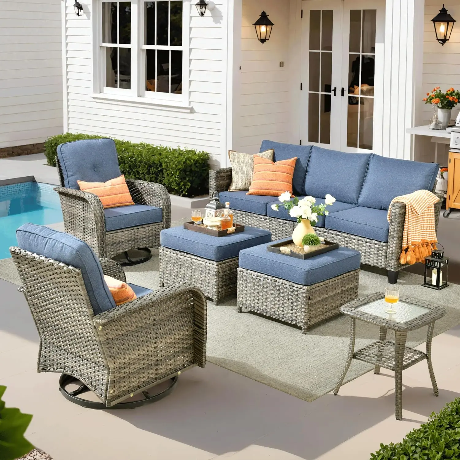 【Back To School】Ovios 6-Piece Outdoor Patio Furniture Set with Swivel Rocking Chairs, All-Weather Wicker Rattan Conversation Set with Deep Seat Cushions for Deck, Porch, Backyard & Patio, Denim Blue