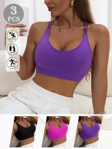 Women's Sports Bra Set, Back Cross Design, Round Neck, Solid Color, Suitable for Cycling, Fitness, Yoga, Running, Impact Sports Bra