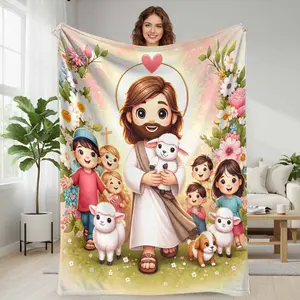 Jesus Flannel Throw Blanket, Adorable Jesus and Lambs Print, Soft Cozy Plush, Ideal for Living Room Sofa, Religious Gift for Easter Celebration, summerwins, Throw Blankets