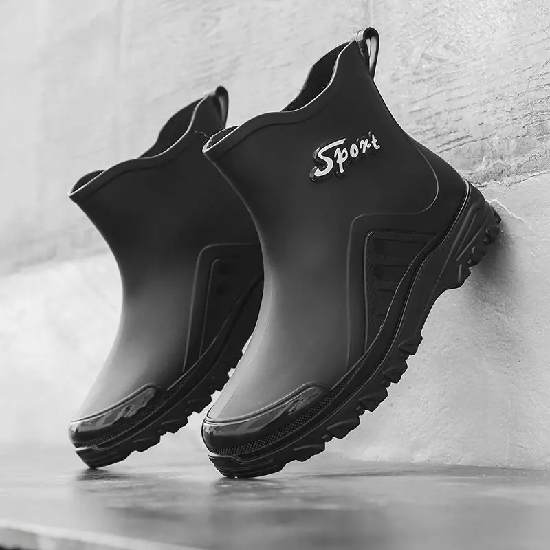 Men's Short Tube Closed Slip-On Rain Footwear, Rubber Wear-Resistant Fleece-Lined Warm Shoes for Car Wash, Construction Site Use