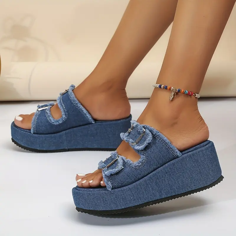 Women's Denim Platform Sandals, Square Open Toe Buckle Strap Slide Shoes, Denim Material Fashion Outdoor Footwear for Women, Platform Sandals For Women