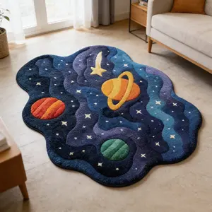 Planet Nebula Alien Carpet Blue Green Orange Contrast Plush Floor Mat Bedroom Anti slip Wear resistant Foot Mat Children's Fun Space Atmosphere Decorative Pad Suitable for Ins Style/Space Theme Home Decoration
