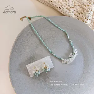 Aethera 2026 New Women's Mint Green Floral Beaded Choker Necklace Fresh Summer Cool Vibe Clavicle Chain Handmade Lightweight Bohemian Style Jewelry Perfect for Beach Vacation Daily Outfits & Summer Fashion Matching