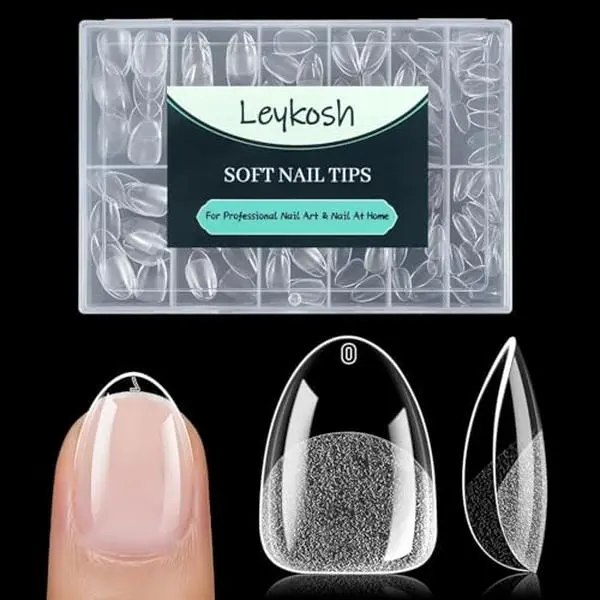 LEYKOSH Extra Short Almond Nail Tips, 216pcs Full Cover Soft Gel, 12 Sizes | 70-grit pre-sanded matte clear tips save filing time, with full-cover soft gel fit for DIY extensions and salon manicures.