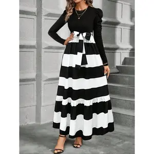 Women's Striped Print Bow Decor Ruffle Trim Dress, Casual Long Sleeve Round Neck Long Dress for Spring & Fall, Women's Clothing for Daily Wear