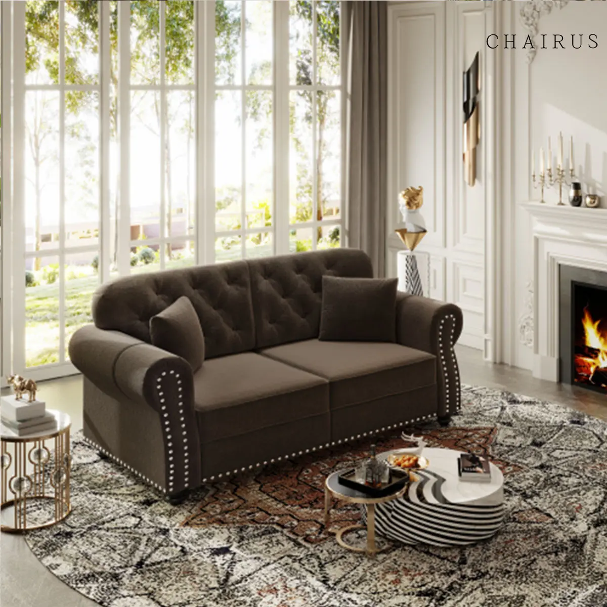 CHAIRUS 63 Inch Brown Velvet Chesterfield Sofa, Mid-Century Modern Button Tufted Couch with Rolled Armrests & Nailhead Trim, Comes with 2 Throw Pillows
