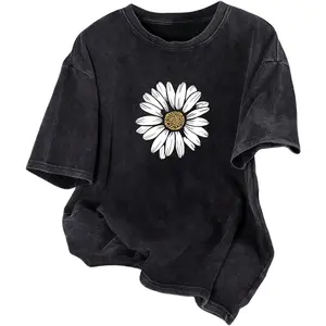 Women's Washed T-Shirt Short Sleeve Leopard Cherry Graphic Tees Vintage Crew Neck Shirts oversized Sweatshirt