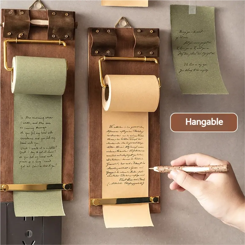Vintage Wooden Wall-Mounted Clipboard - Rustic Classic Hangable Roll Paper Sticky Notes, Easy-Write Easy-Read Blank Message Pad for Indoor Recreation