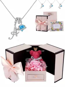 26 Letters Dopamine Women's CZ Birthstone Necklace, A-Z Initial Pendant with Exquisite Double-Door Bear & Preserved Rose Jewelry Gift Box, Ideal Mysterious Gift for Wife, Birthdays, Mother's Day & Valentine's Day