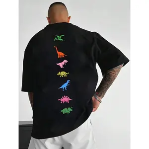Unisex Men's Dinosaur Print Drop Shoulder Tee, Street Fashion Casual Short Sleeve Round Neck T-Shirt for Daily Wear, Men's Clothes for Summer, Casual Style Tee,Men's Solid Color Crewneck Tee for Gym & Casual