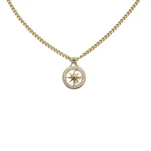 18K Gold Plated Titanium Steel Chain Compass Necklaces Hiphop Jewelry Pendant Merch Cubic Zirconia Necklace