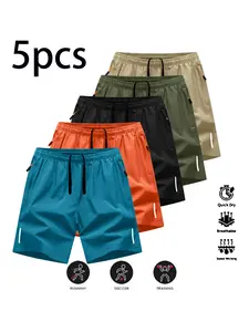 Men's Quick-Dry Breathable 5-Pack, Lightweight Cool Fabric, Casual Summer Beach Outdoor Sports Wear, Athletic Running Shorts, Zipper Pockets