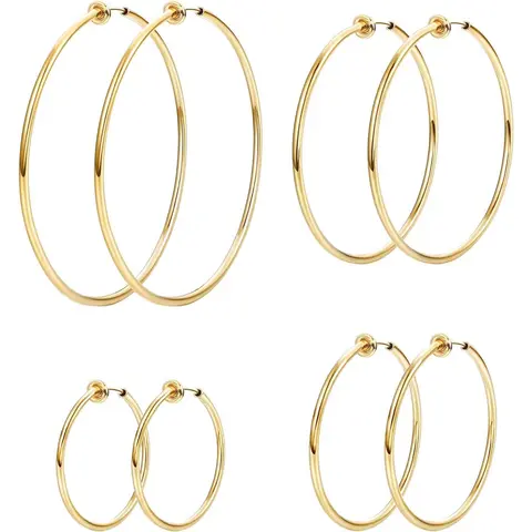 MILACOLATO Female Anti-Tarnish Stainless Steel Spring Close Clip-On Earrings, 4-Pair Classic Hoops in Different Sizes for Non-Pierced Ears Casual Daily Wear