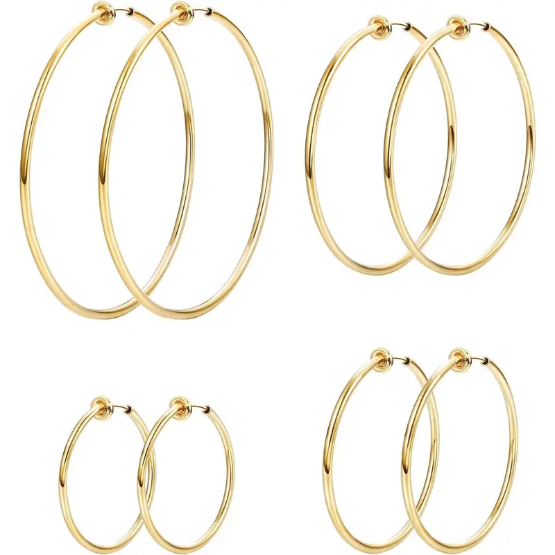 MILACOLATO Female Anti-Tarnish Stainless Steel Spring Close Clip-On Earrings, 4-Pair Classic Hoops in Different Sizes for Non-Pierced Ears Casual Daily Wear