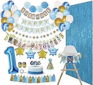 Baby Boy 1st Birthday Decorations Set – First Birthday Party Supplies - Happy Birthday,12 Month Photo, I am One Banner - High Chair Decoration – With Poms, Balloons, Backdrops, Hat and more