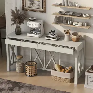 60''Acacia Veneer Console Table with 4 Spacious Drawers, Modern Crisscross Design Entryway Table with Open Bottom Storage,Farmhouse Sofa Table for Living Room,Kitchen,Dining Room,Hallway