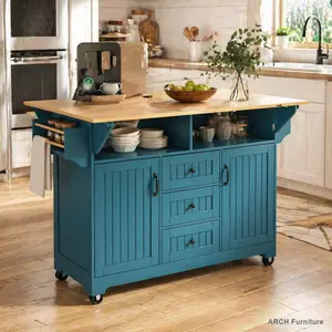 55.7 in Green Kitchen Island with Sturdy Base - Adjustable Storage Cabinet, 2 Drop Leaves, 5-Wheel Rolling Cart, Power Outlet, Folding Dining Table, Spice & Towel Rack, 3 Drawers, Easy Setup Indoor Furniture Cupboard