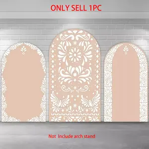 Beige & White Boho Lace Arch Covers Stretchy Backdrop – Mexican Folk Floral Design, Perfect for Wedding & Bridal Shower Photo Backdrop