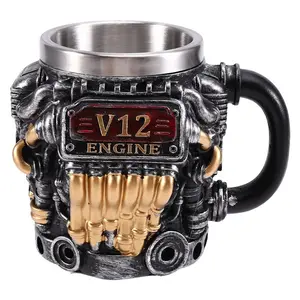 Upgraded V12 Engine Outdoor Camping Insulated Mug with Sleeve Minimalist Personalized Mechanical Punk Stainless Steel Cup 316 Steel 480ml