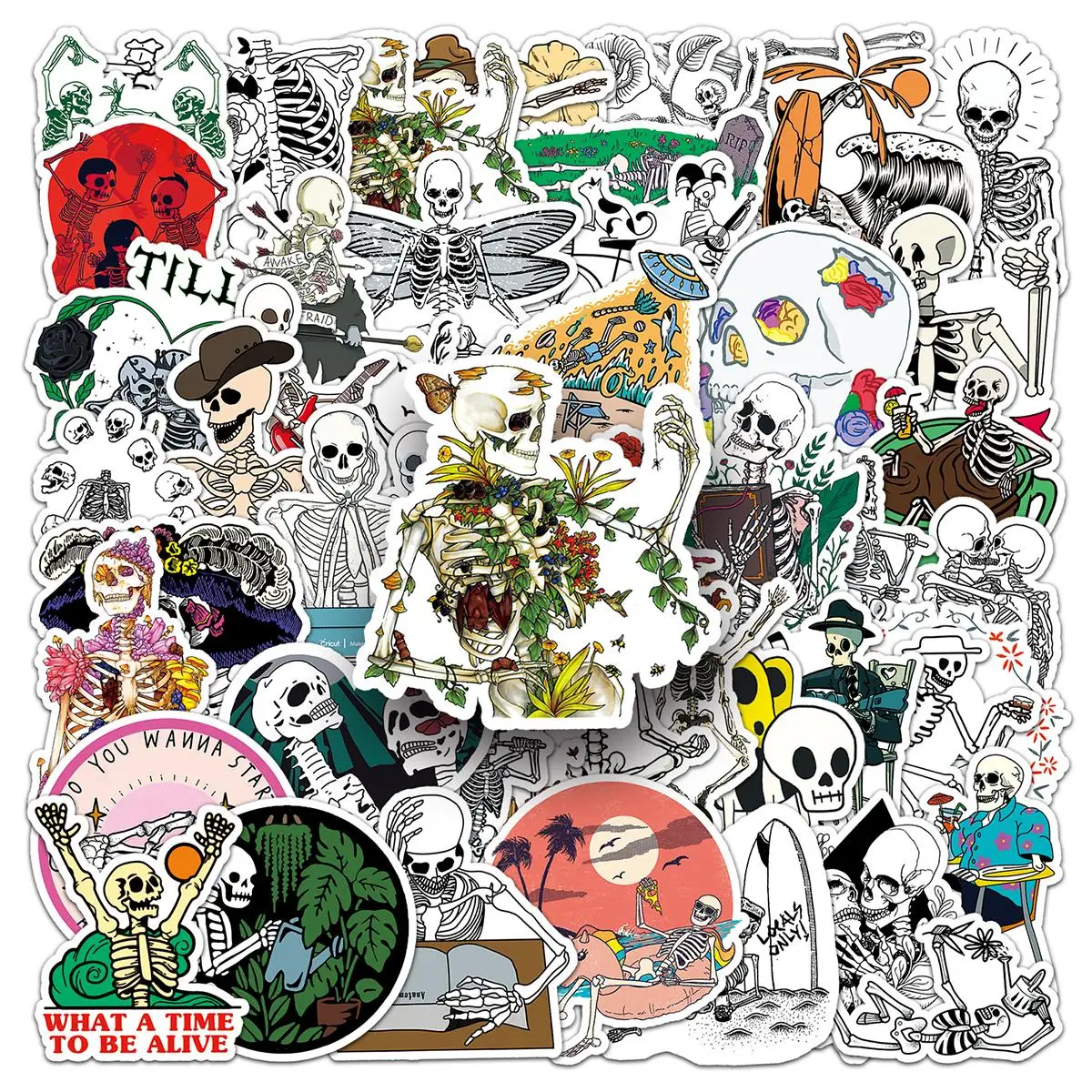 Creative Skull Pattern Sticker, 50pcs Waterproof Self Adhesive Decor Paper, Decor Sticker For Gift Greeting Card Waterbottle Laptop Phone, Halloween