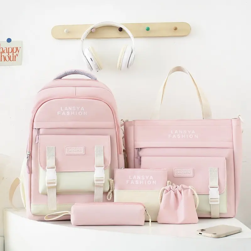 Teen Girls' 5pcs Youth Size Back to School Haul Backpack Set - Lightweight Blue Aesthetic Synthetic Casual Student Bookbag, Tote Bag & Pencil Case, Do Not Dry Clean, First Day Of School, Backpacks For Girls, Aesthetic Student Bookbag, Cute Backpacks