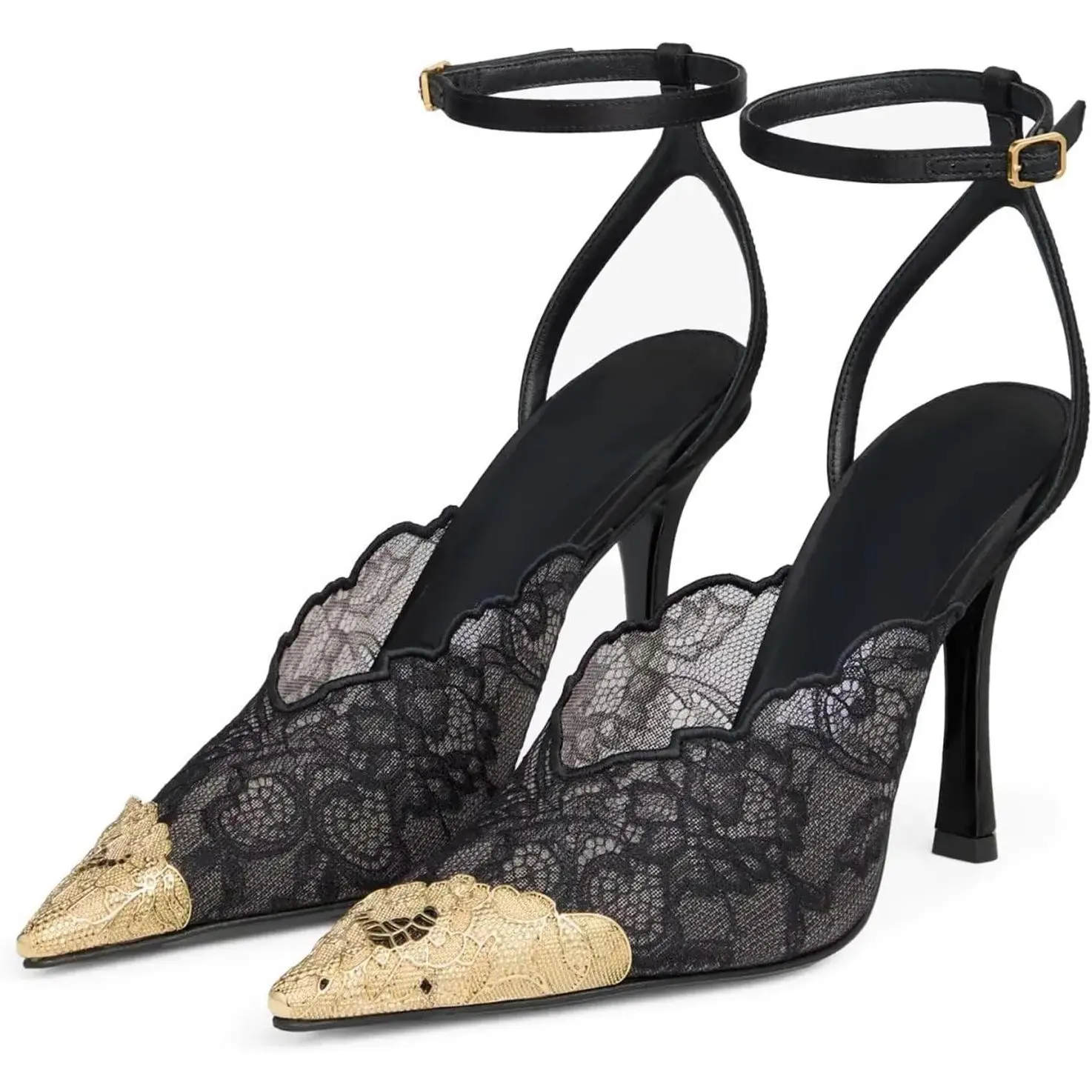 Lace Wedding Pumps for Women Sparkly Metal Pointed Toe Slingback Stiletto High Heels Pumps for Women Mesh Ankle Strap Sexy Wedding Party Dress Bridal Shoes