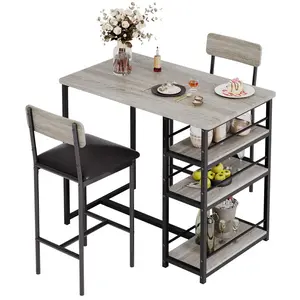 Dining Table Set for 2, Kitchen Table and Chairs with Wine Rack, Metal Frame Modern Bar Table Set with 2 Chairs, Rectangular Kitchen Table Set for Small Space, Apartment，Grey