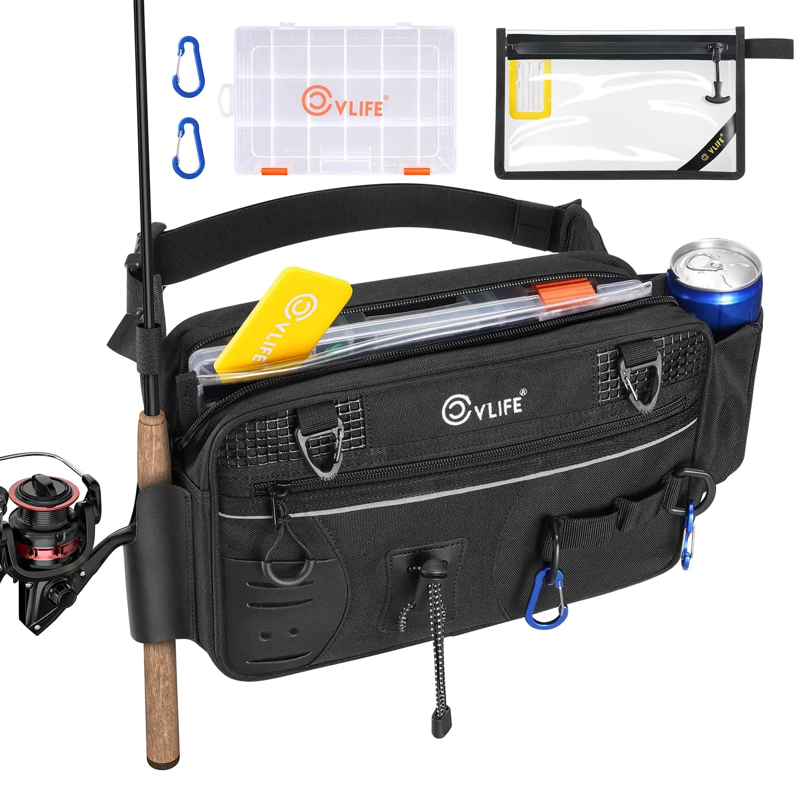 CVLIFE Water-Resistant Tackle Waist Pack with Rod Holder - 3600 Tackle Box, Waterproof Pouch, Carabiners, Net Holster, Convertible Carry System for Bank Fishing Gear, Enhanced Abrasion Resistance, Accessories, 900D Pvc