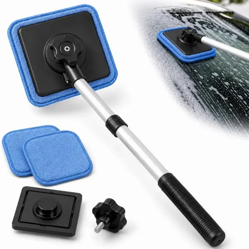 Telescopic Auto Windshield Cleaner Kit, Streak-Free Car Glass Cleaning Tool with Replaceable Microfiber Pads, Car Window Washing Accessory