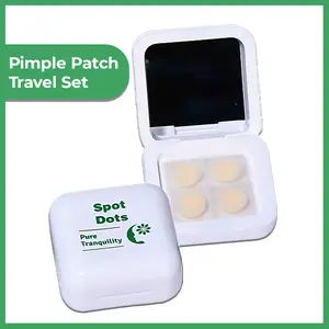 1 Acne Spot Dots Travel Set includes: 32 acne patches, 1 Mirror case,  1 Tweezers,  6 Face wipes, 1 Travel bag.