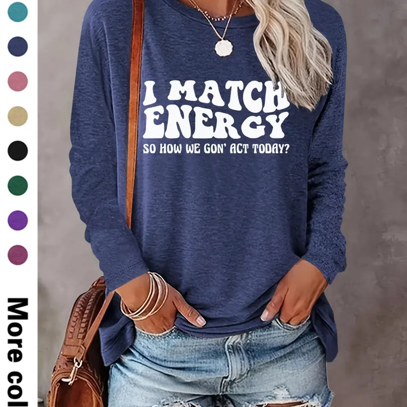 Women's Letter Print Round Neck Tee, Casual Long Sleeve Crew Neck Top for Fall & Winter, Women's Top for Daily Wear, Inspirational Casual Clothes
