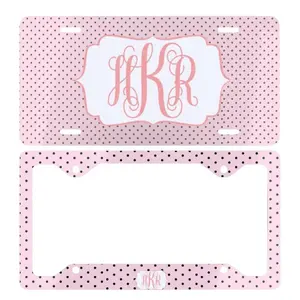 Personalized Monogram License Plate and Frame Pink Polka Dot Custom Initials Cute Car Tag Decor Gift for Women
