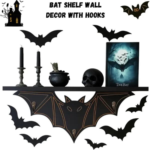 Gothic Bat Wall Shelf with Hooks | Black Floating Shelf for Bedroom & Living Room, Halloween Spooky Home Decor, Vampire Room Accessories, Goth Gifts for Adults