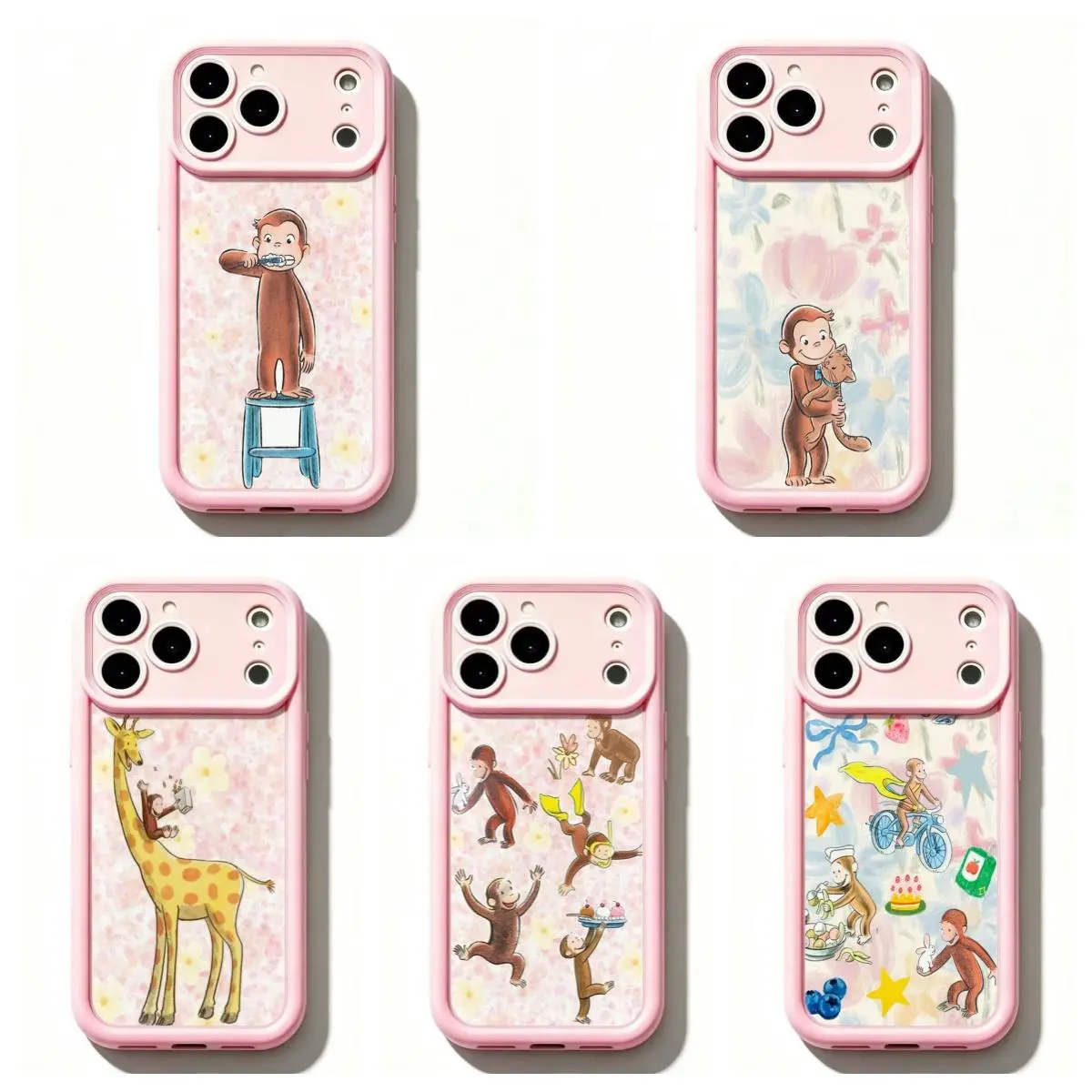 TY-Curious Georgeee Floral Garden Phone Case,Cute Cartoon Monkey Phone Case,Pink Floral & Adventure Scenes Protective Cover For iPhone 11 12 MINI 13 MINI 14 15 16 17 Air Pro Max for Samsung S26 S25 S24 S23 S22 S21 Case,Gift for her/him/fans