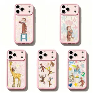 TY-Curious Georgeee Floral Garden Phone Case,Cute Cartoon Monkey Phone Case,Pink Floral & Adventure Scenes Protective Cover For iPhone 11 12 MINI 13 MINI 14 15 16 17 Air Pro Max for Samsung S26 S25 S24 S23 S22 S21 Case,Gift for her/him/fans