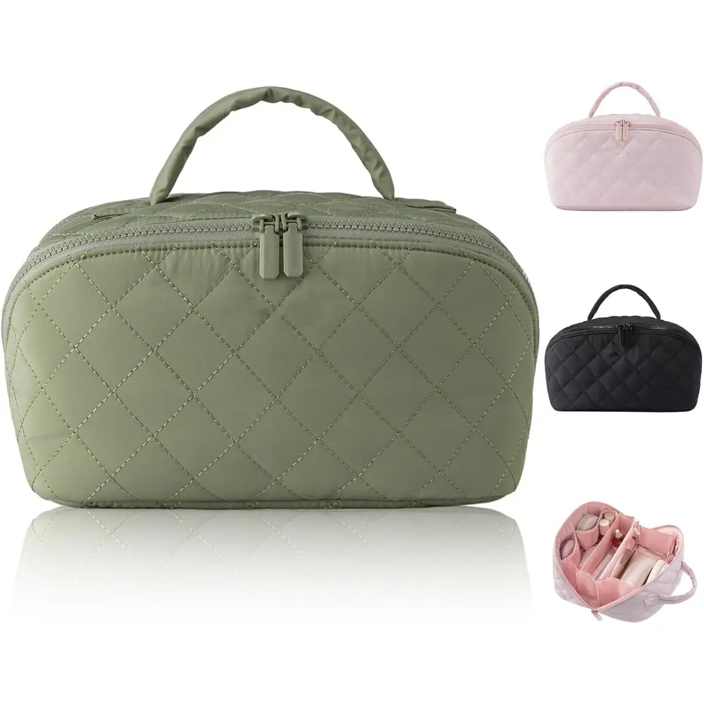 180° Lay-Flat Travel Makeup Bag for Women – Large Puffy Cosmetic Organizer (5 Compartments)| Water-Resistant, Machine Washable Toiletry Case