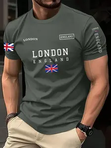 Men's London England Union Jack Print T-Shirt, British Patriotic Casual Short Sleeve, Vintage Style Long Top, Slim Fit, All Seasons