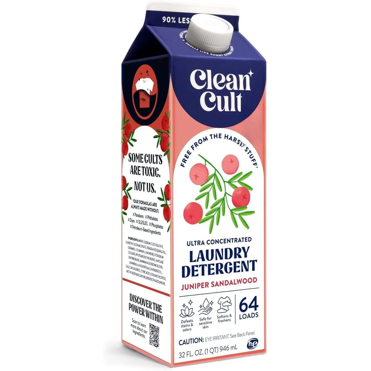 Clean Cult Ultra Concentrated Liquid Laundry Detergent Soap 32 oz 64 Loads Hypoallergenic Sensitive Skin Safe Juniper Sandalwood Scent HE Compatible