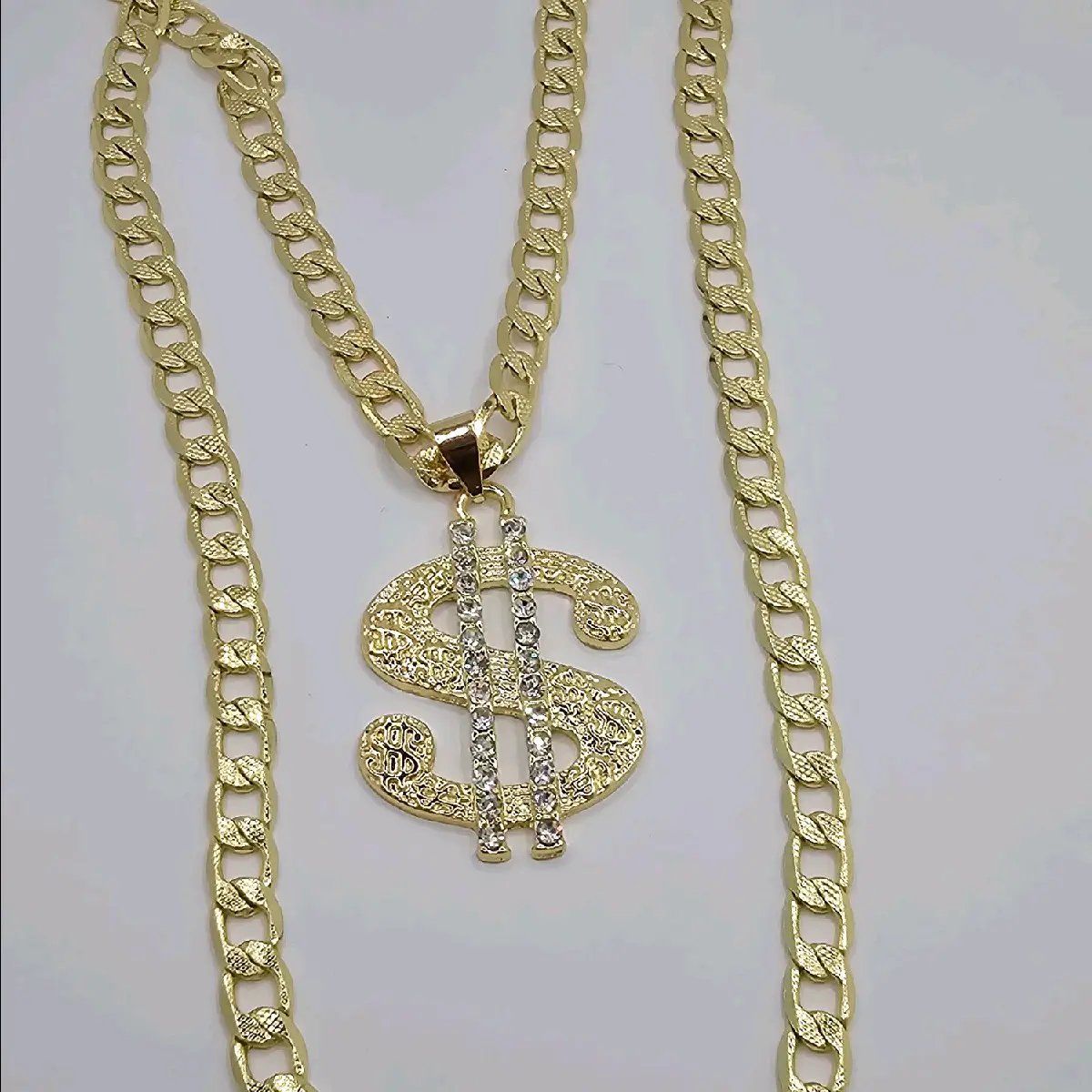 Dollar sign necklace fashion style chain Cuban   with clear stone's  gold-plated