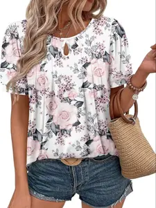 Floral Print Round Neck Casual Short Sleeve Gathered Fitted T-Shirt, Women's Summer Fashion Top, Comfortable and Stylish Aesthetic