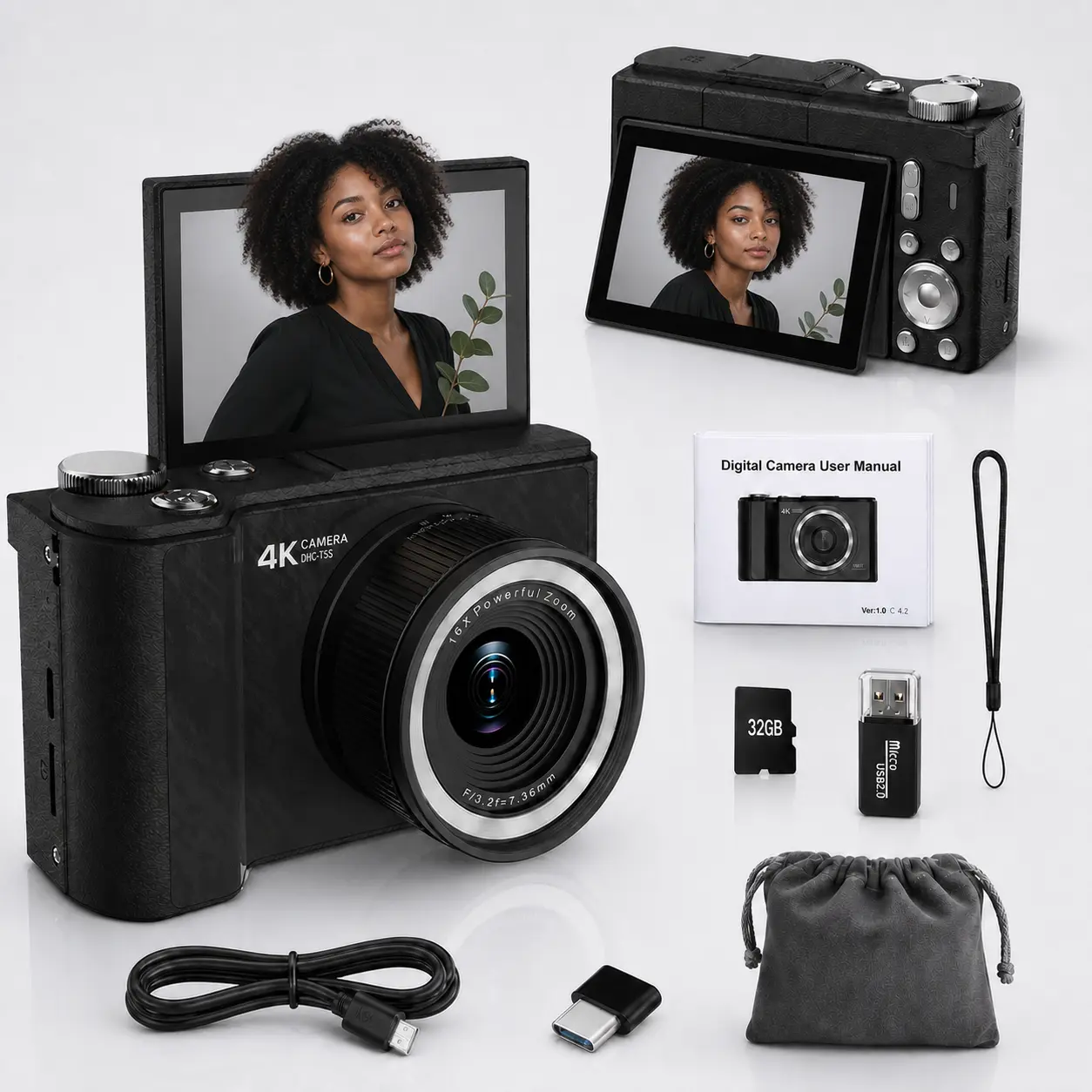W&O 4K Digital Camera for Photography, 48MP Vlogging Camera with Fill Light, 180° Flip Screen, 16X Digital Zoom, 32GB Card, Compact Point and Shoot Camera for Students, Women and Beginners, Ideal Gift