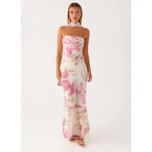 Women's long top off shoulder/solid color sleeveless fish tail slim fit dress with scarf, casual flowerRAIMENTRY