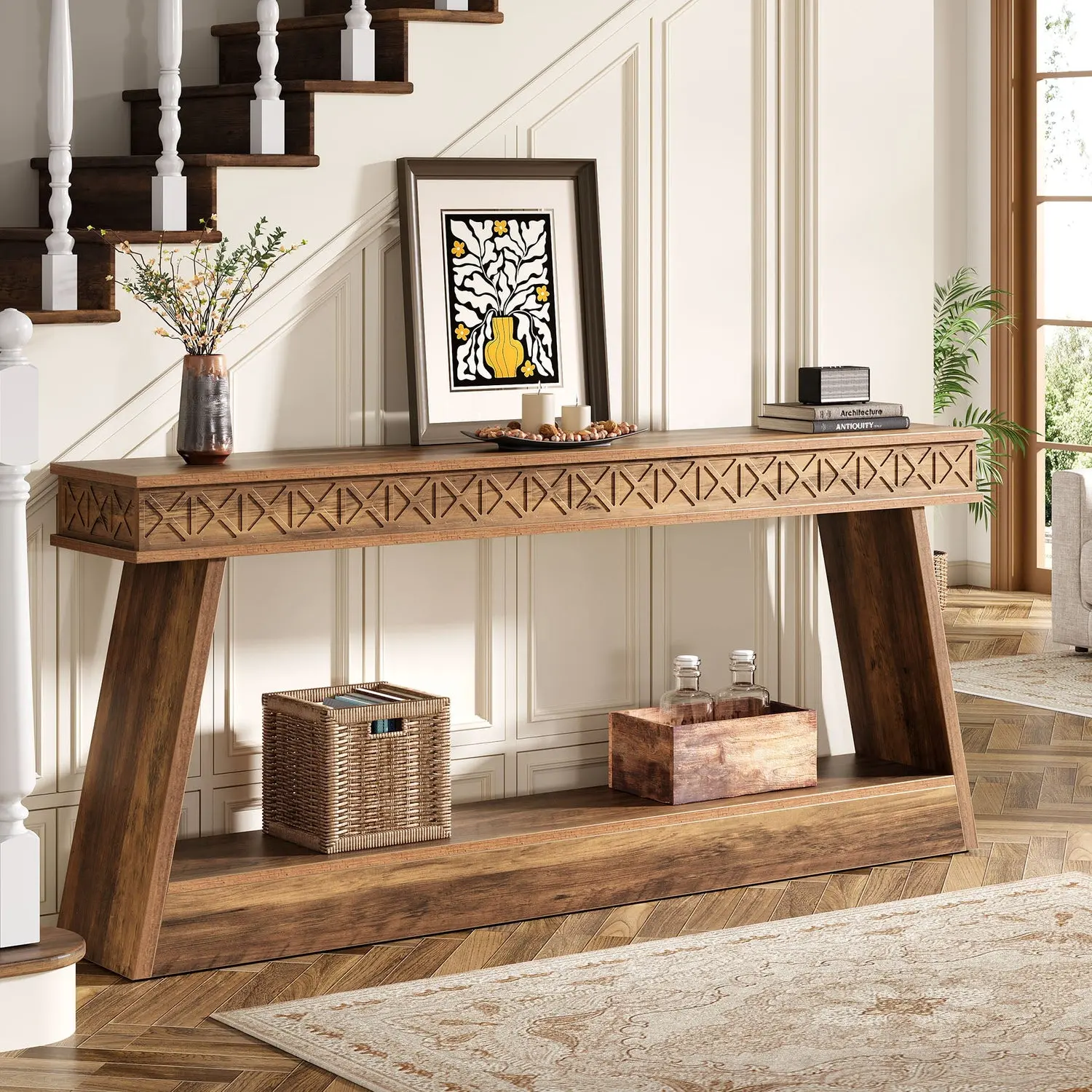 Spaco Farmhouse Console Table - 70.8" Extra Long Rustic Modern Entryway Table with 2-Tier Spacious Storage Shelving for Hallway, Living Room, Rustic Hallway Table