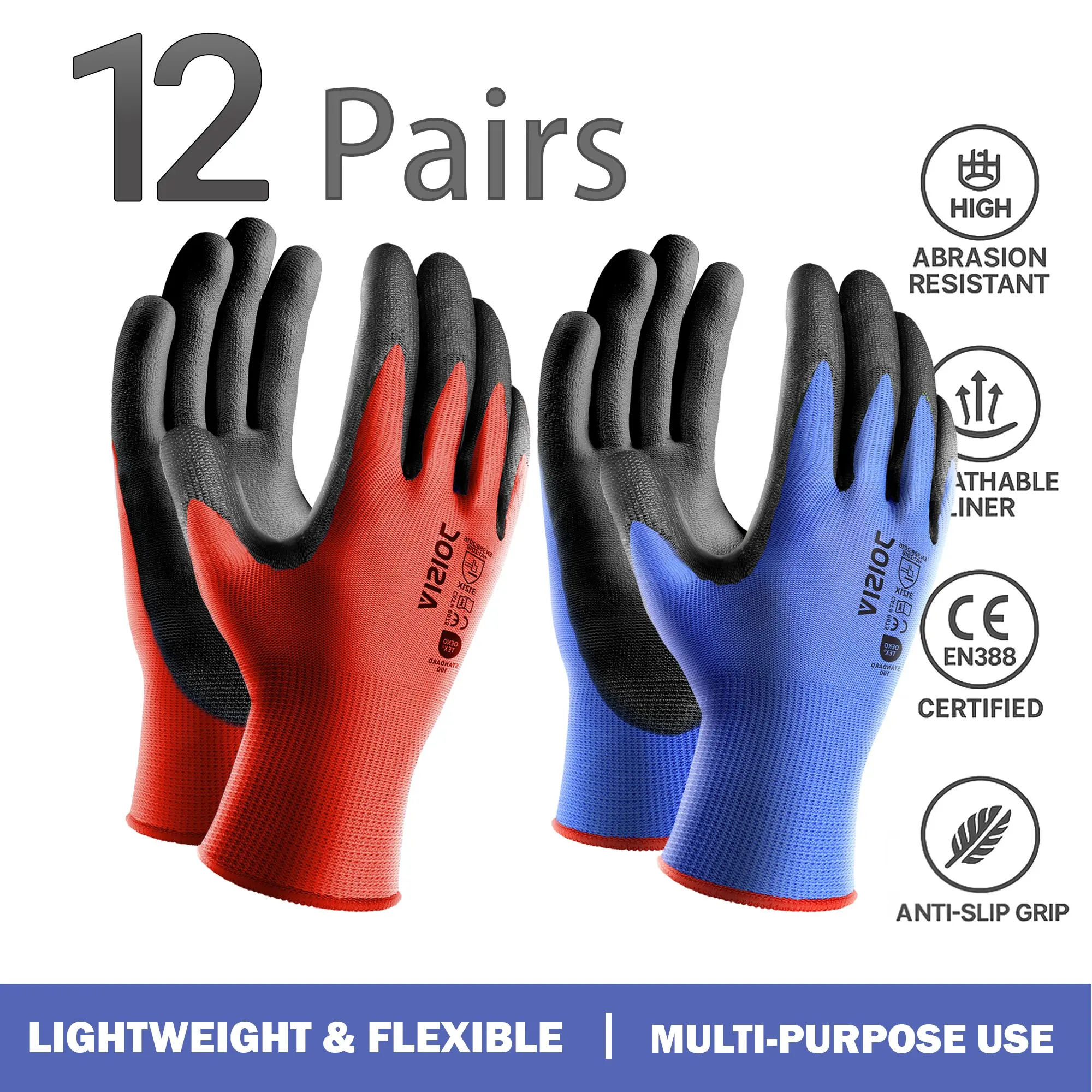Men's PU Coated Seamless Outdoor Protective Work Gloves With Grip, Durable Anti-Slip, 12 Pairs, Ideal for Construction, Warehouse, Auto Repair, Working Gloves